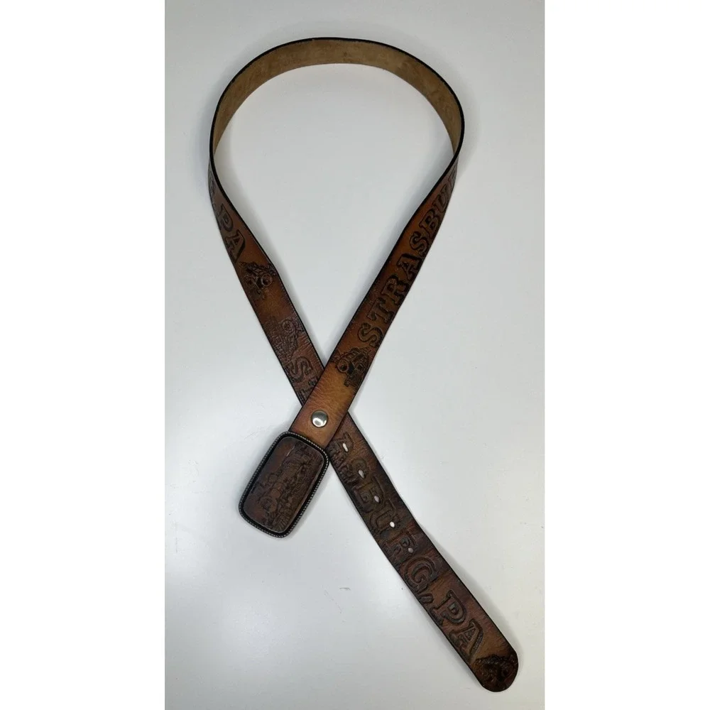 Vintage Tooled Leather Strasburg Pa Train Belt 36 - 42 Buckle USA‎